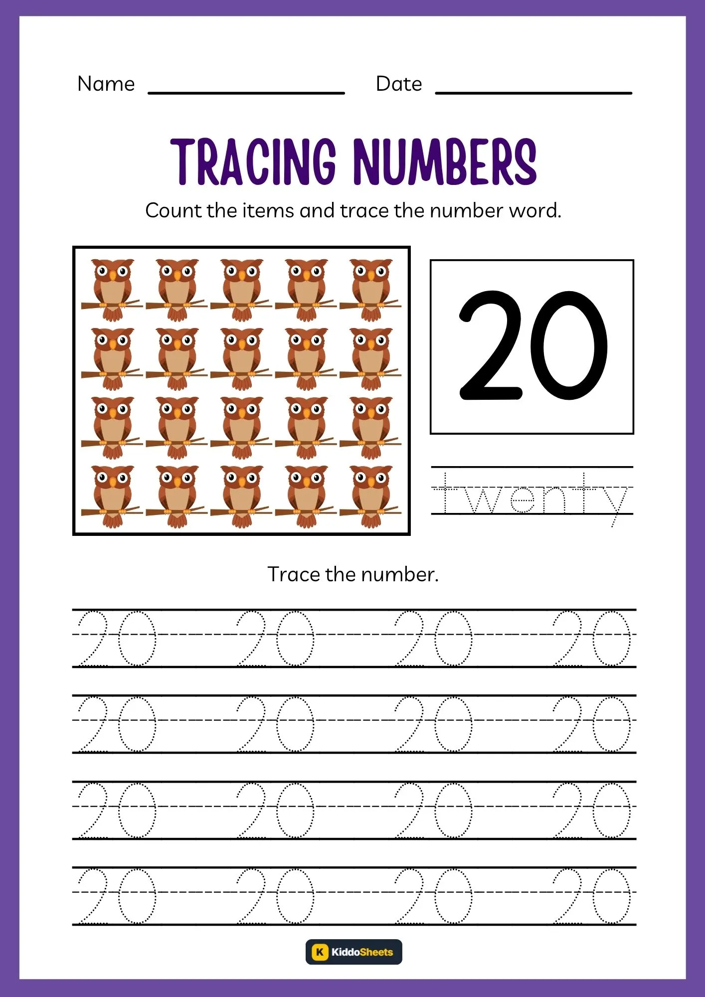 Count and Trace Number 20 Worksheets