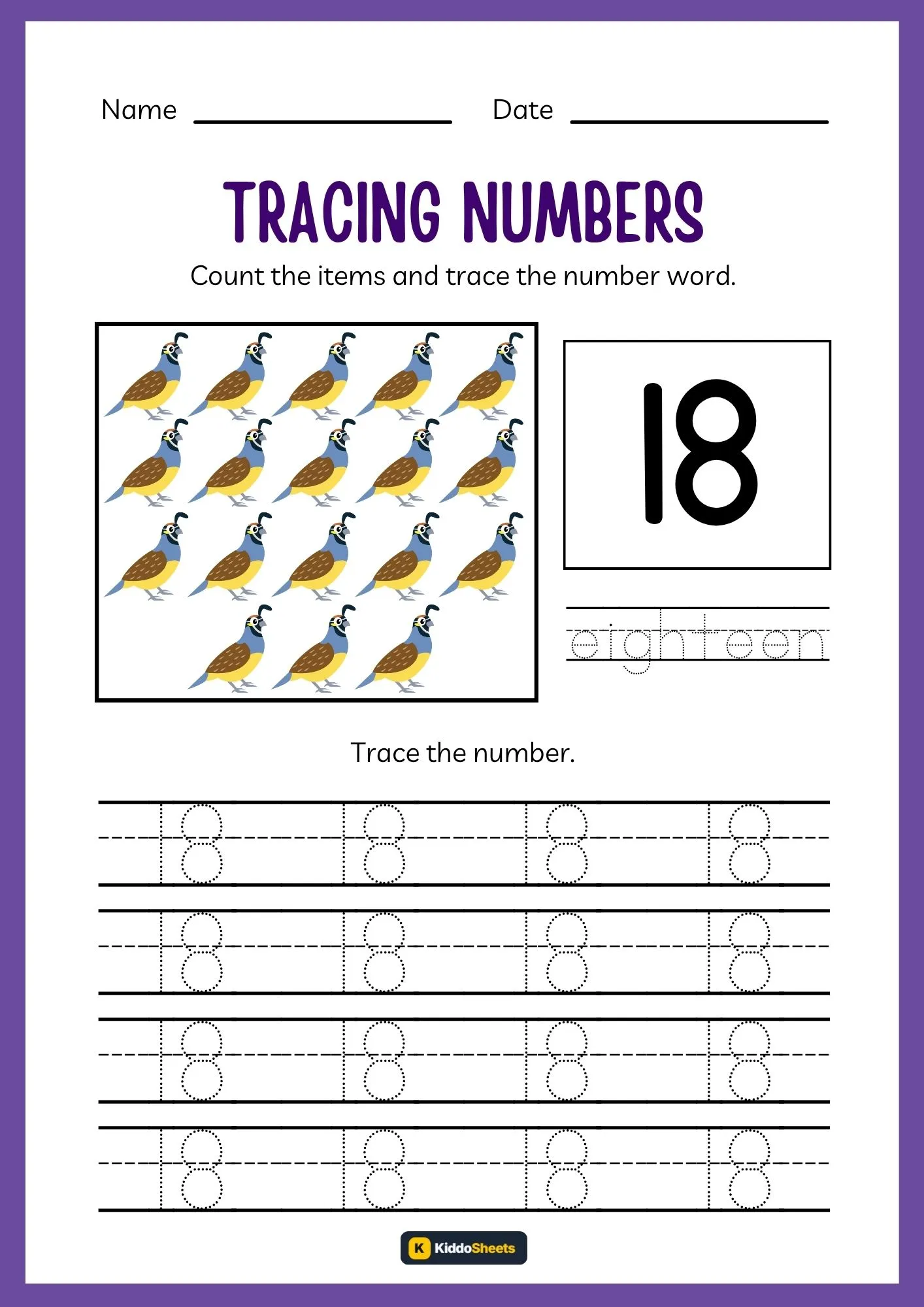 Count and Trace Number 18 Worksheets