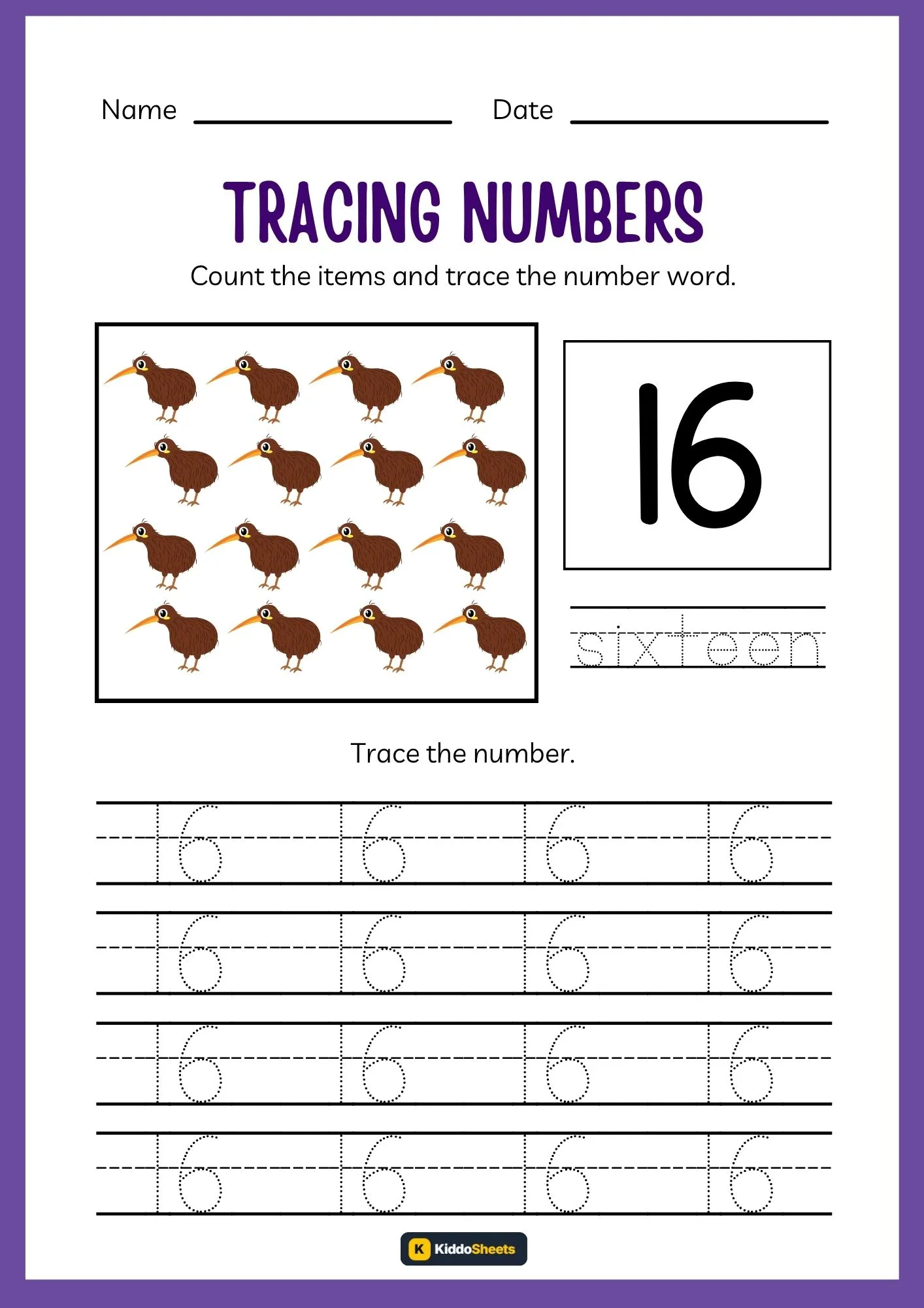 Count and Trace Number 16 Worksheets