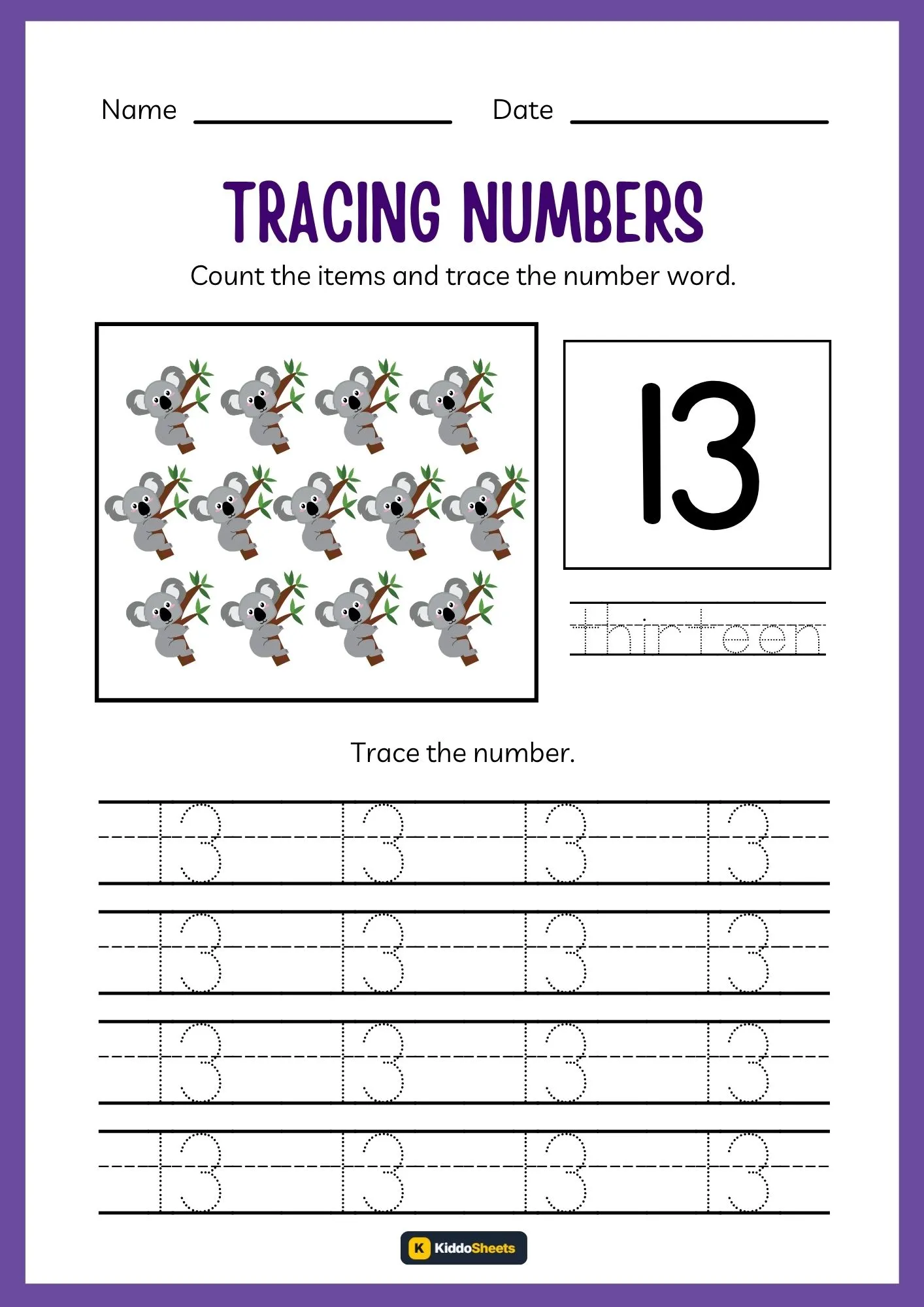 Count and trace Number 13 Worksheets
