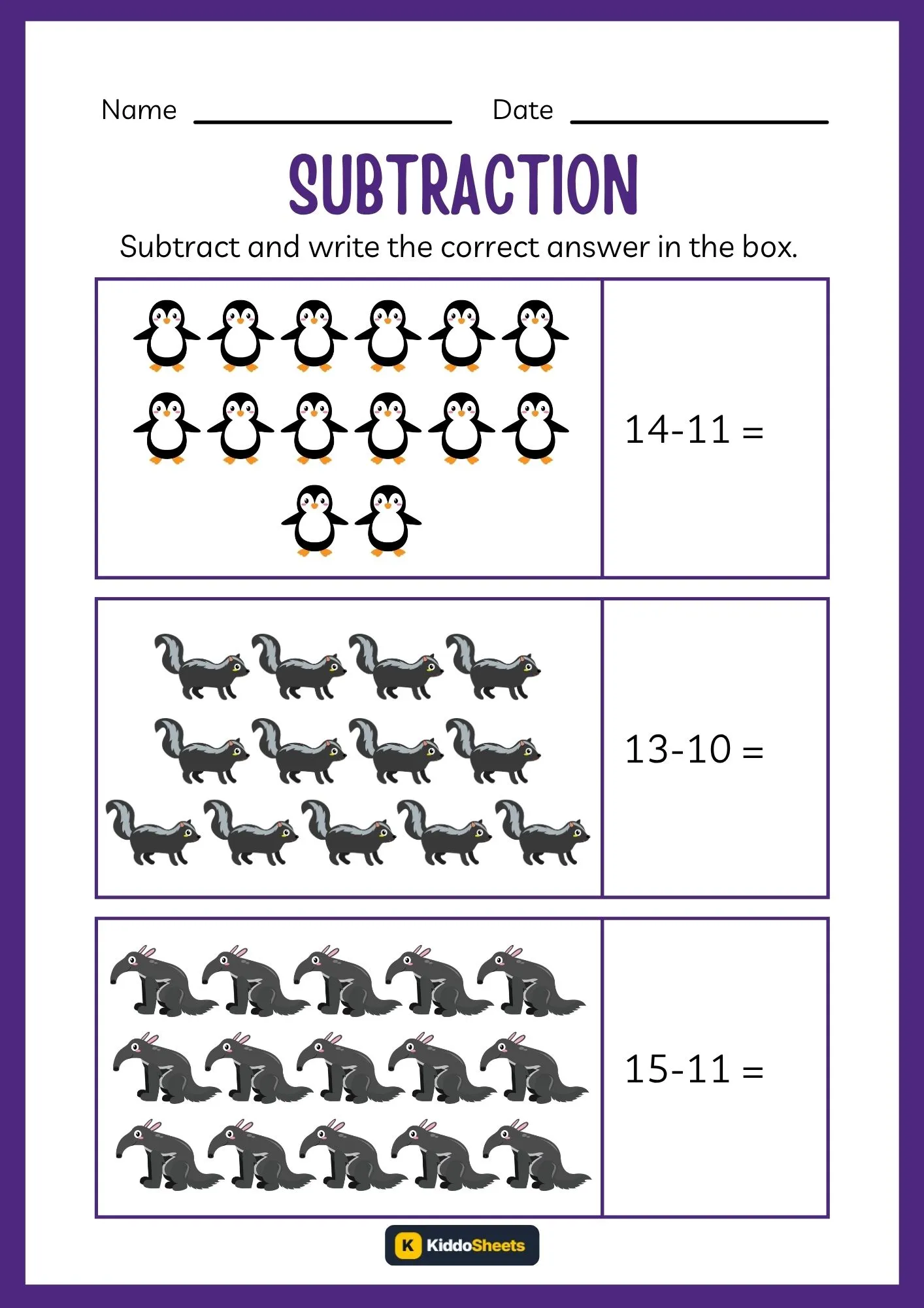 Subtract and Write the Correct Answer Worksheets (12)