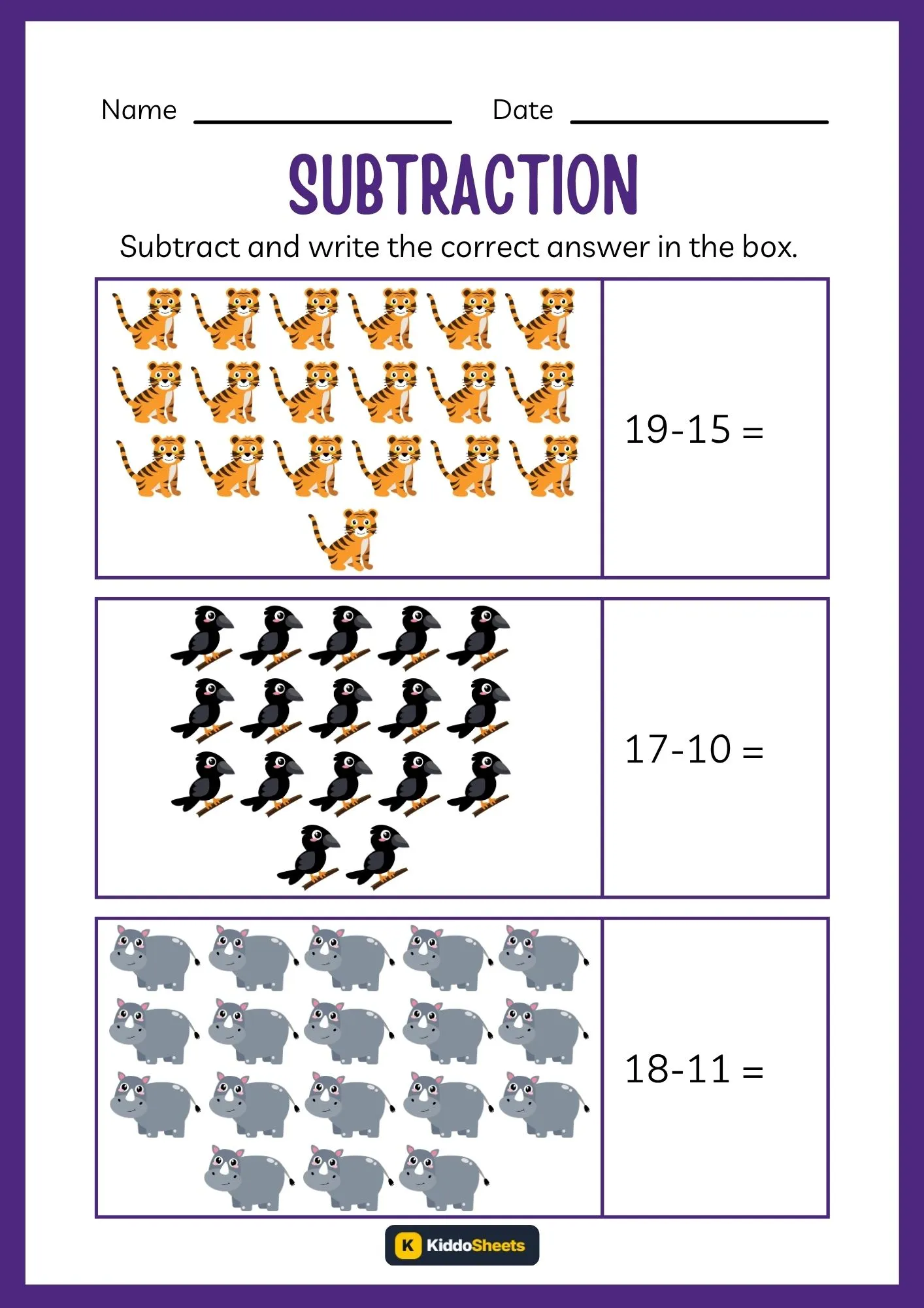 Subtract and Write the Correct Answer Worksheets (10)