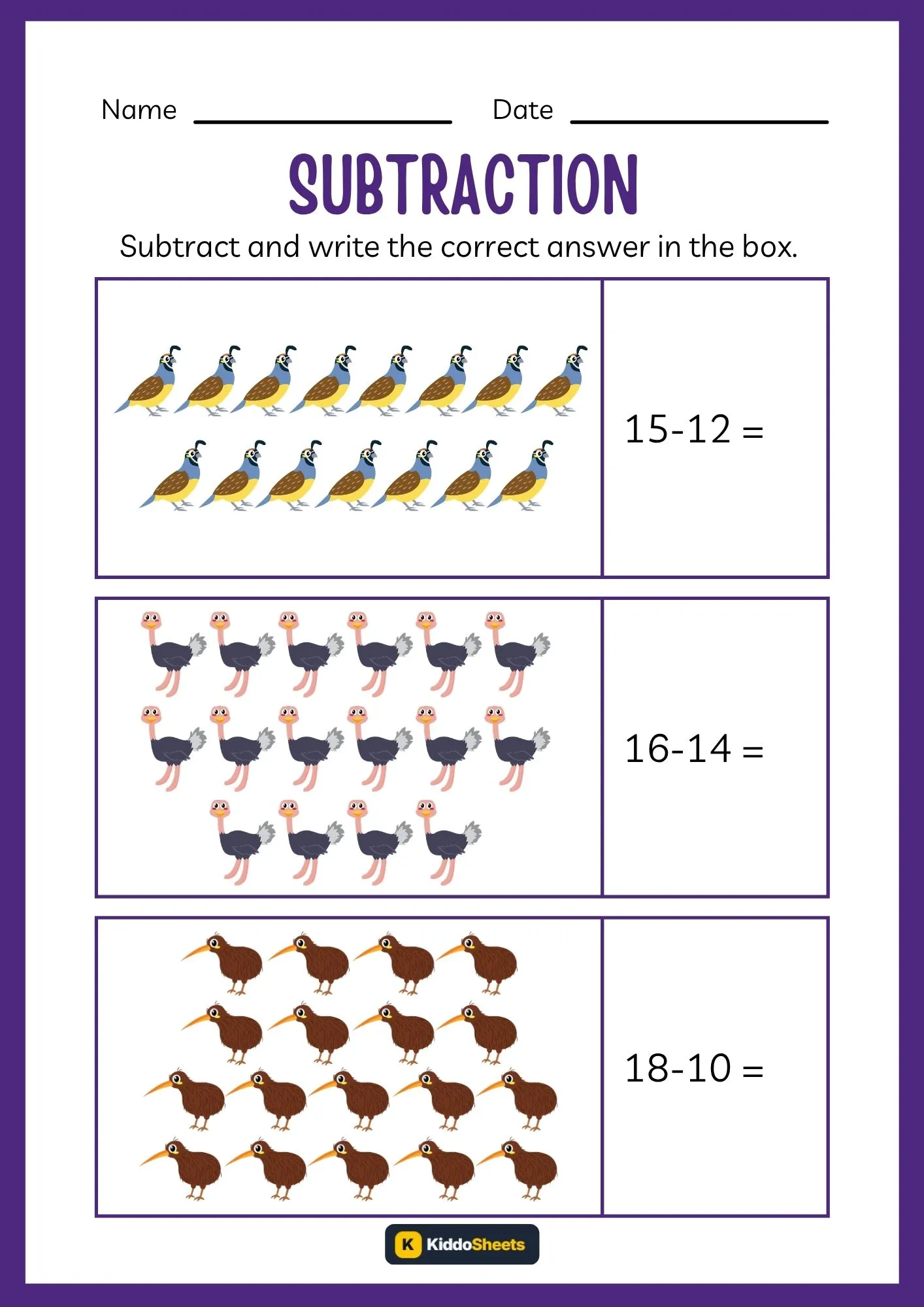 Subtract and Write the Correct Answer Worksheets (13)