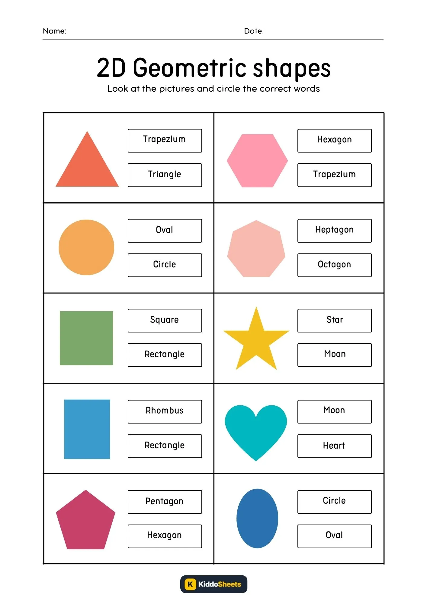2D Geometric Shapes Worksheet for Kids