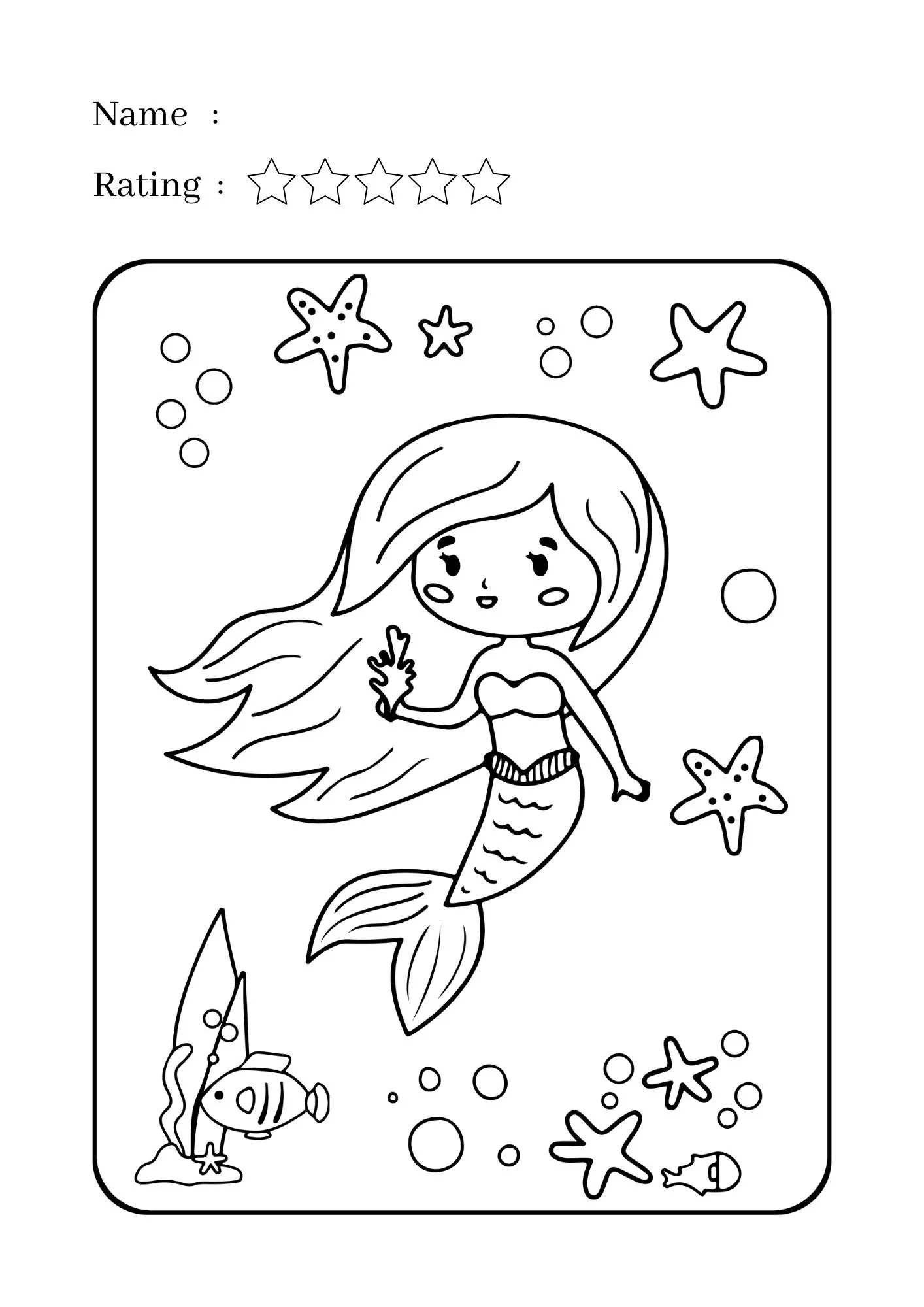 Little Mermaid and Starfish Coloring Worksheet