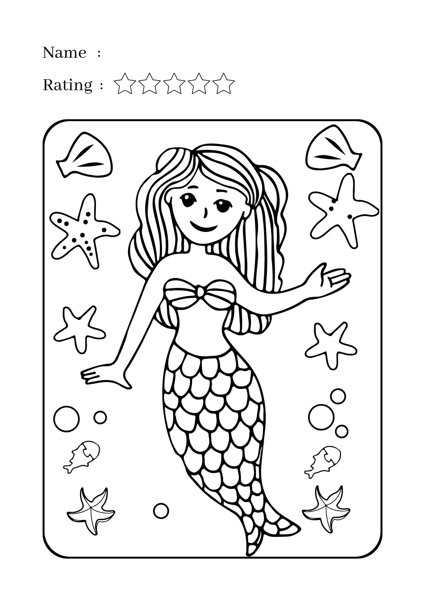 Mermaid and Starfish Coloring Worksheet