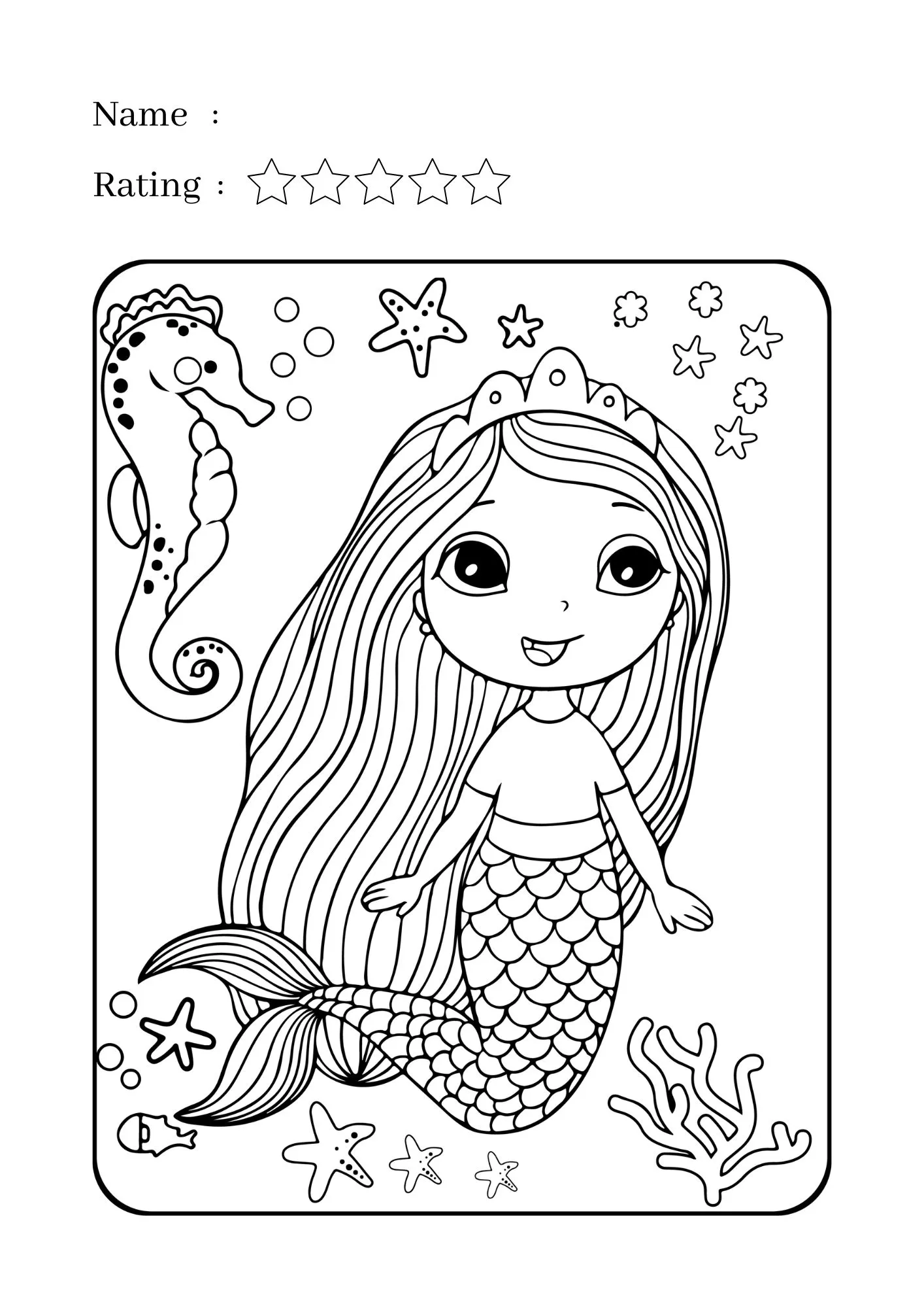 Princess Mermaid and Sea Horse Coloring Worksheet