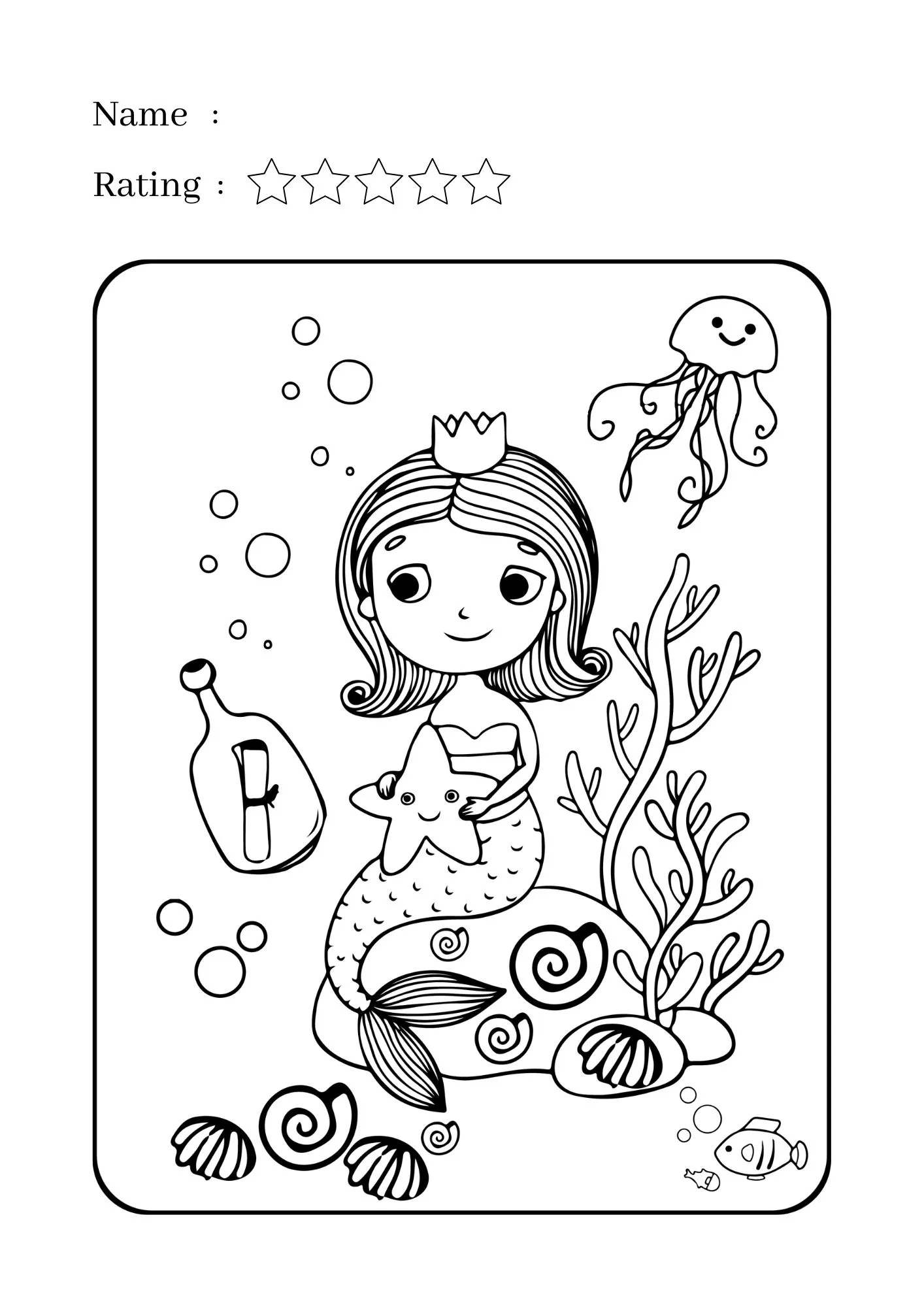 Mermaid and Message in Bottle Coloring Worksheet