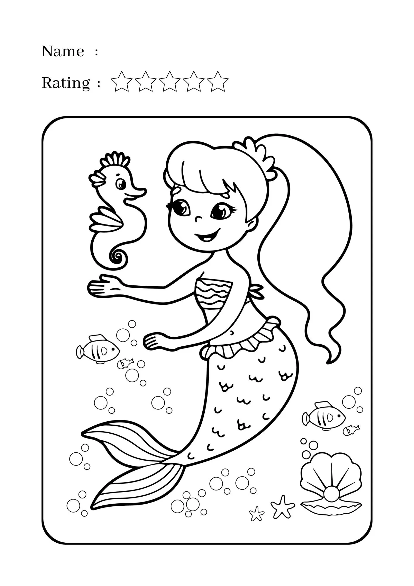 Mermaid and Sea Horse Coloring Worksheet