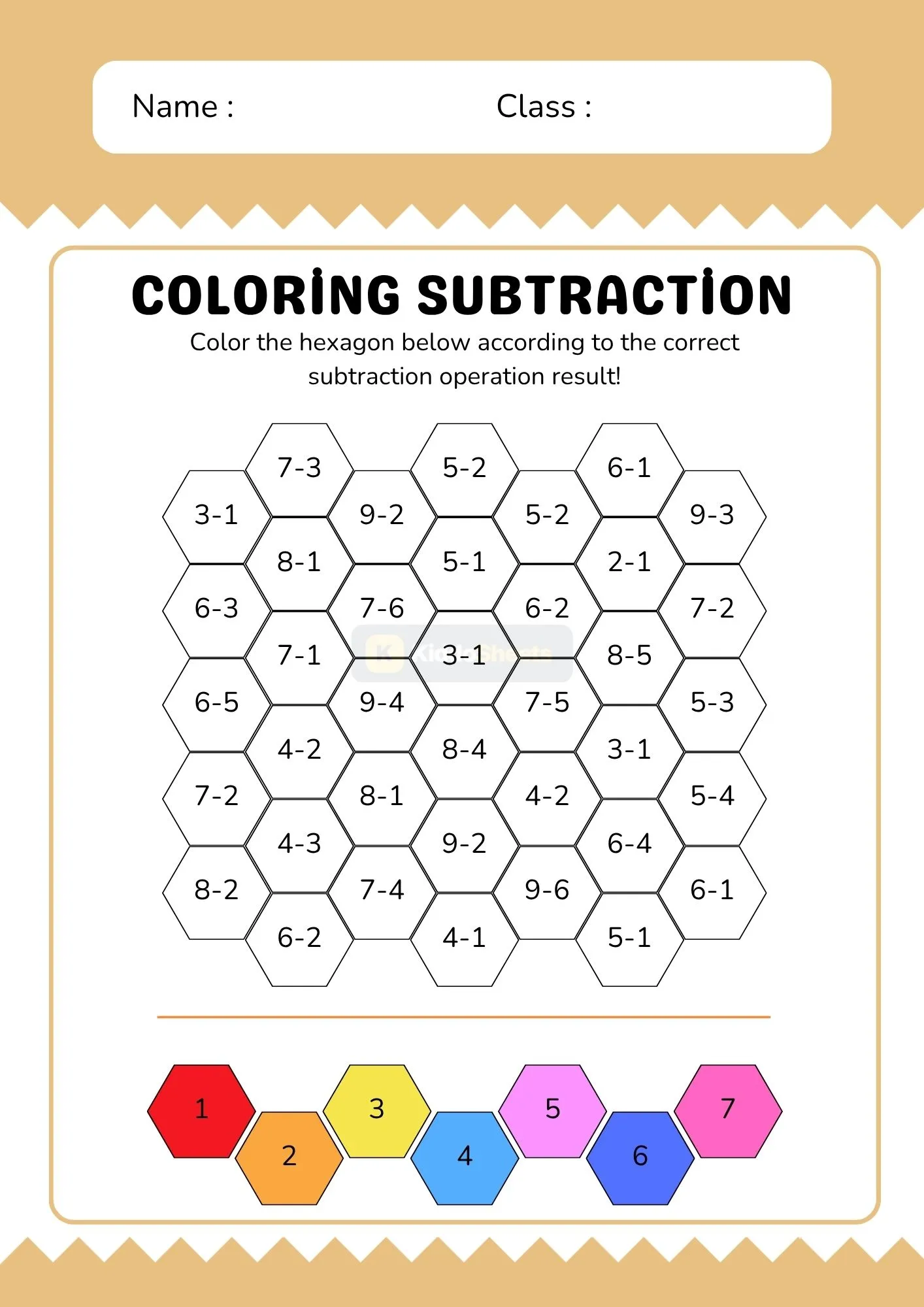 Coloring the Hexagon According the Correct Subtraction Results Worksheet