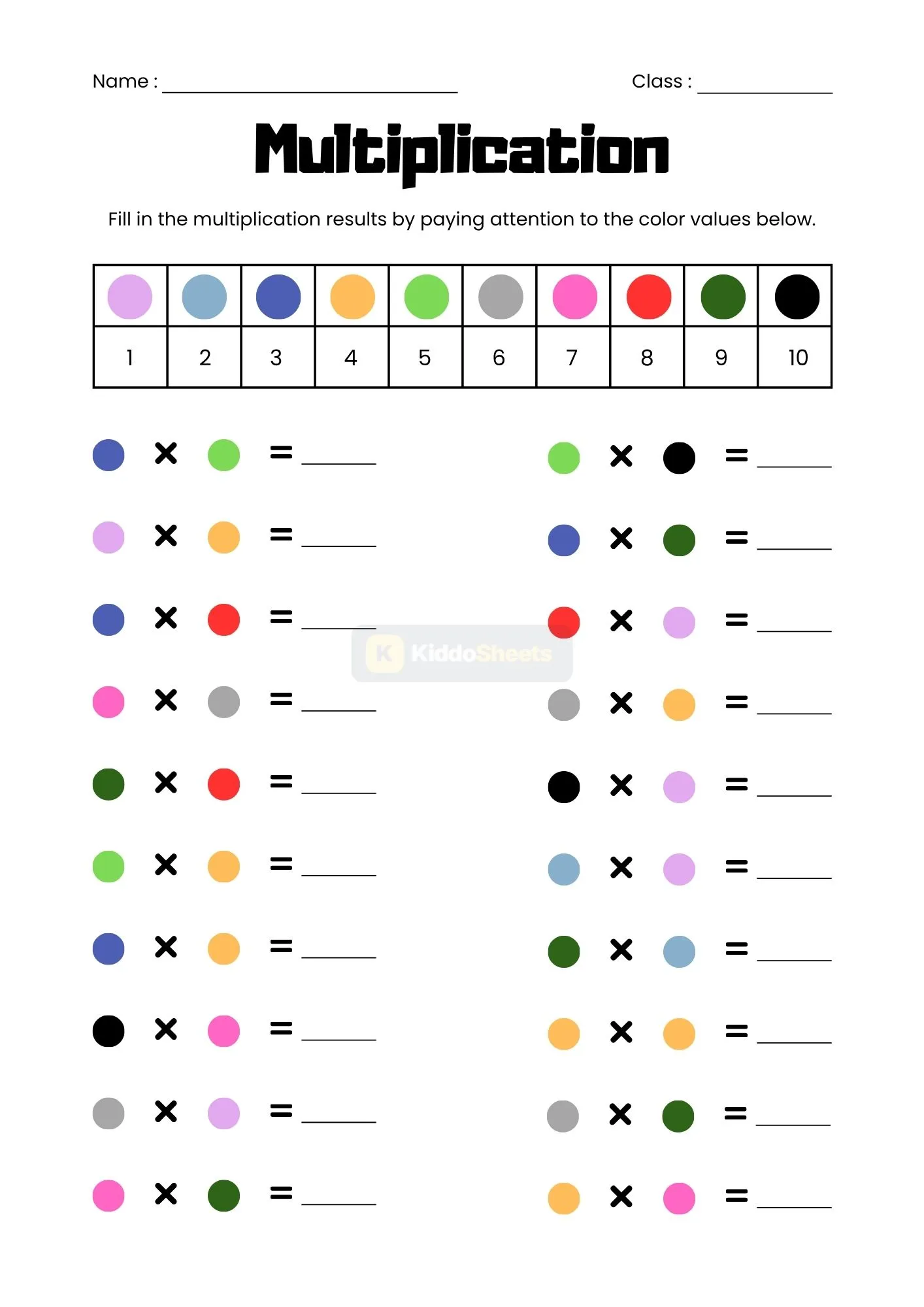 Fill in the Multiplication Color Results Worksheet